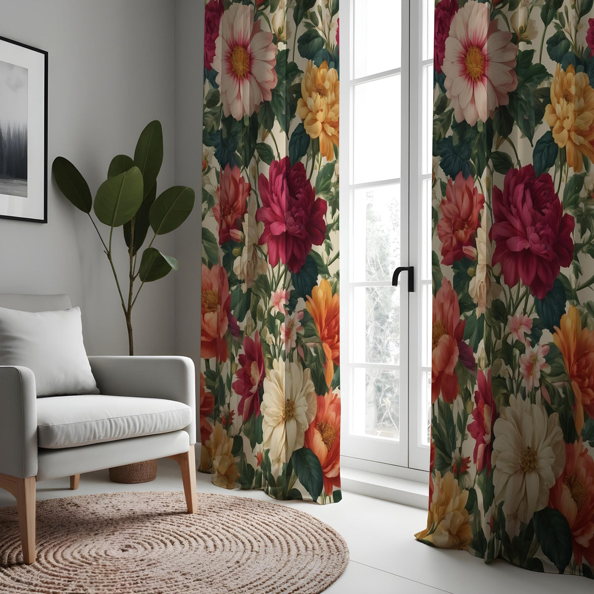 Dark Floral Curtains, Large Bloom Classic Botanical Drapes