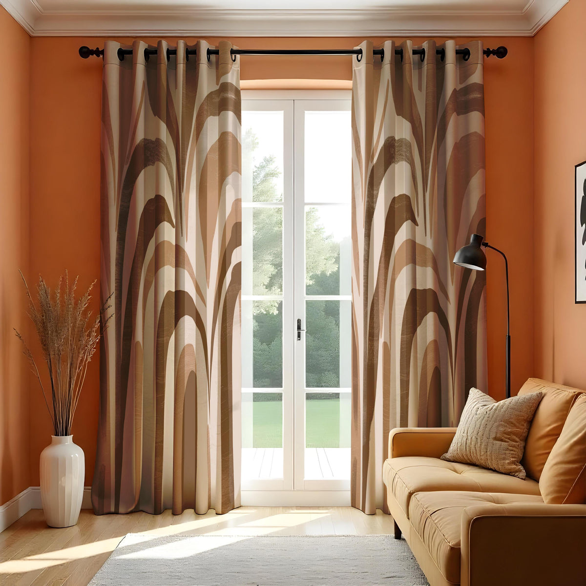 Brown Retro Wave Stripe Curtains, Boho Arch Pattern Drapes