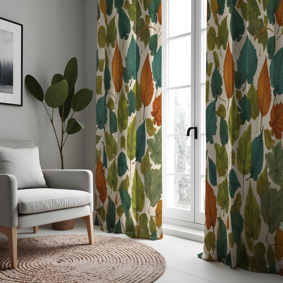 Green & Orange Autumn Leaf Curtains, Botanical Drapes