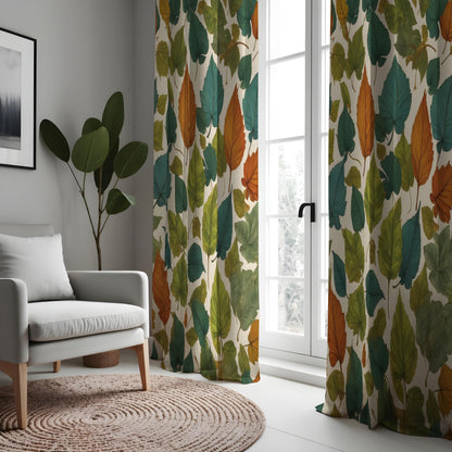 Green & Orange Autumn Leaf Curtains, Botanical Drapes