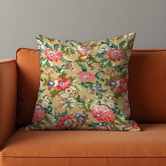 Farmhouse Botanical Cushion Cover, Coral & Cream Floral Print Pillow Cover