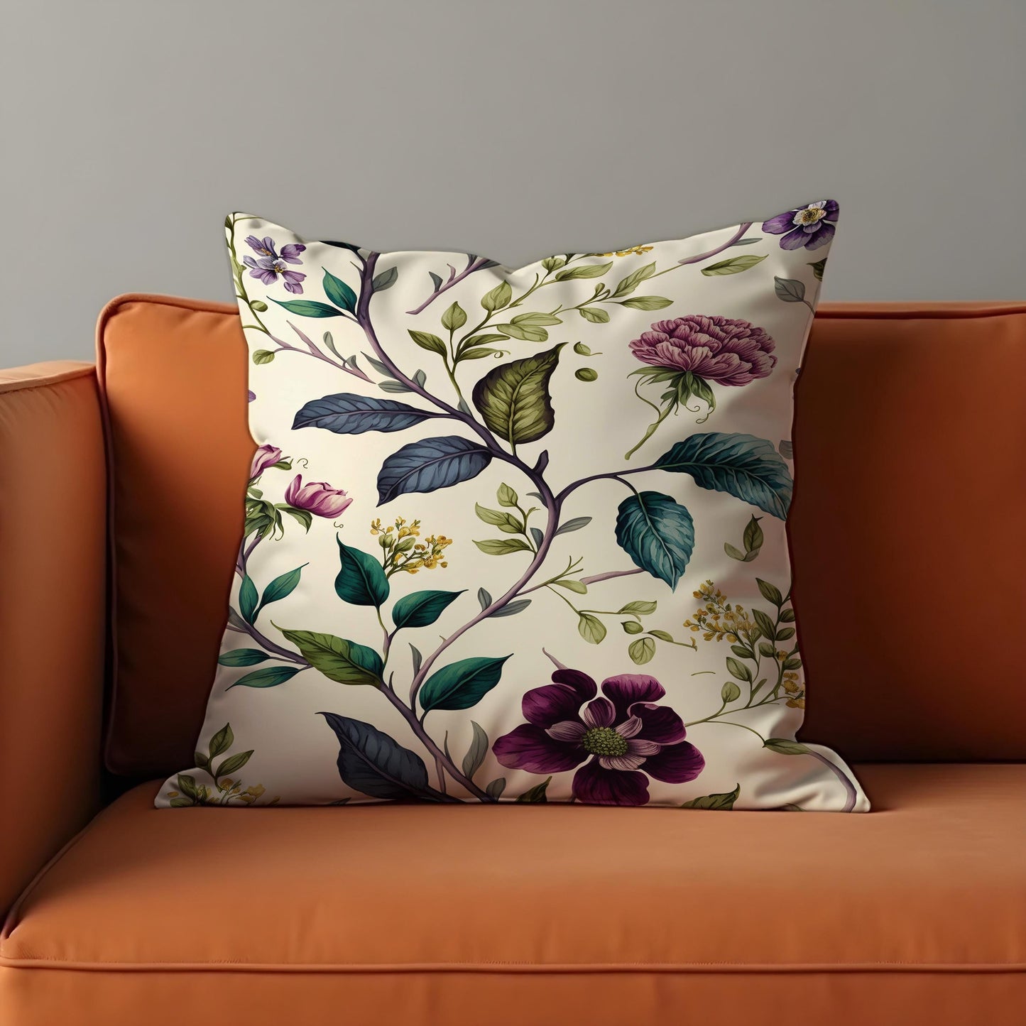 Botanical Cushion Cover, Plum & Green Floral Print Pillow Case