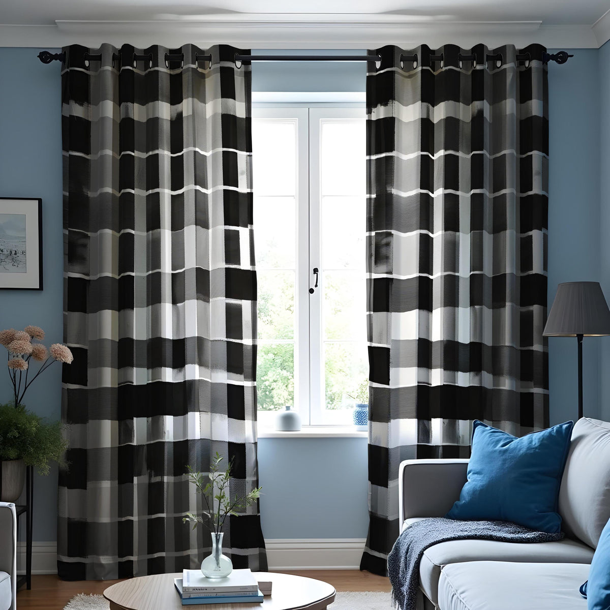 Black and White Grid Curtains, Monochrome Geometric Drapes