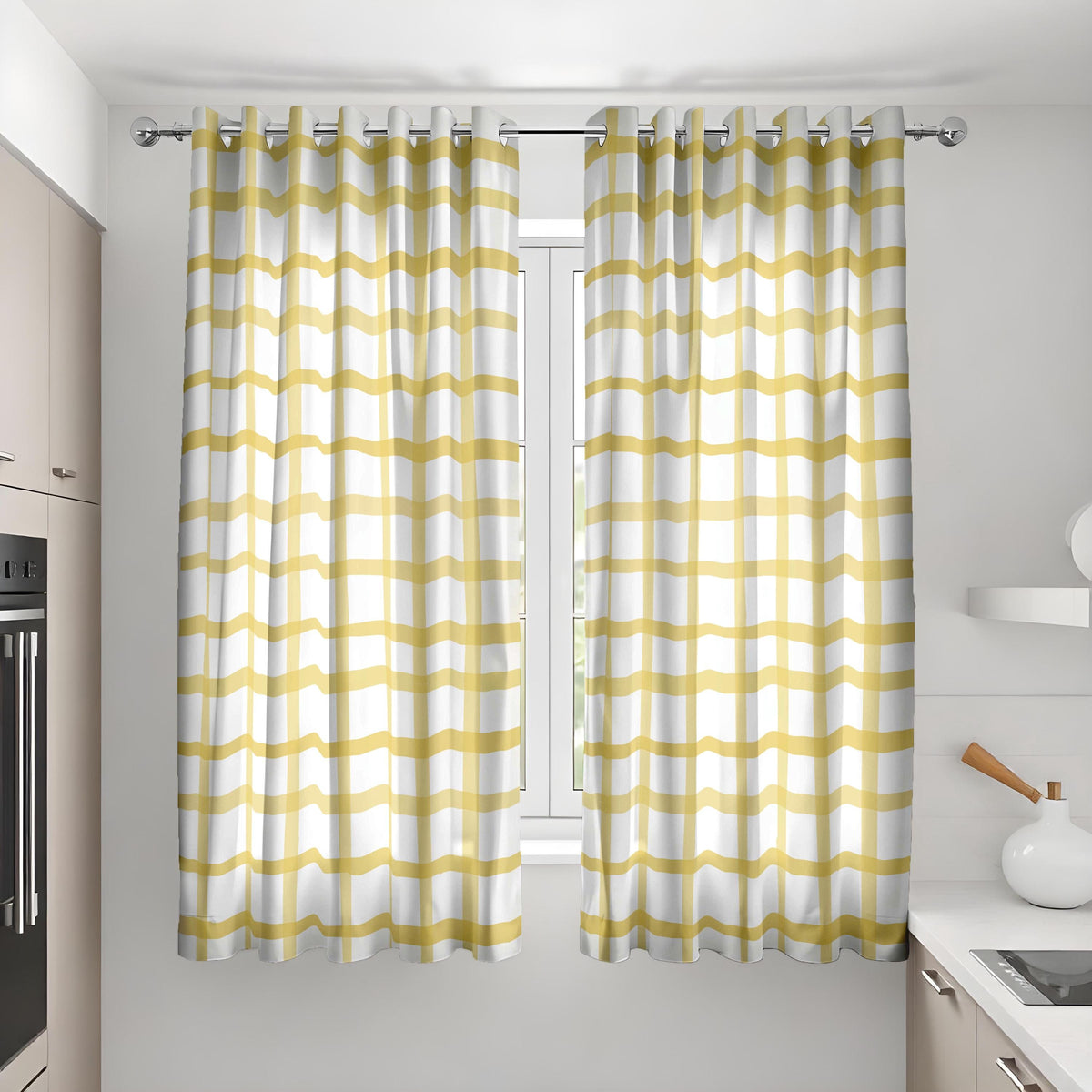 Yellow Wavy Checkered Curtains, Retro Mid Century Drapes