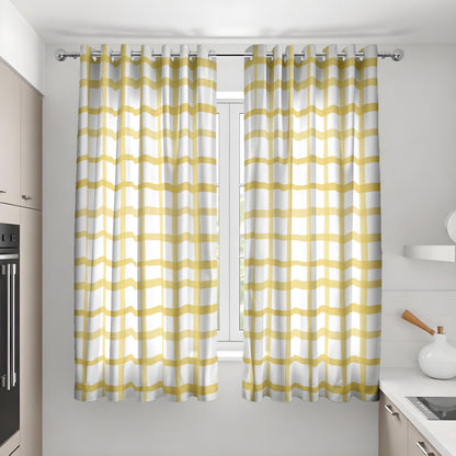 Yellow Wavy Checkered Curtains, Retro Mid Century Drapes