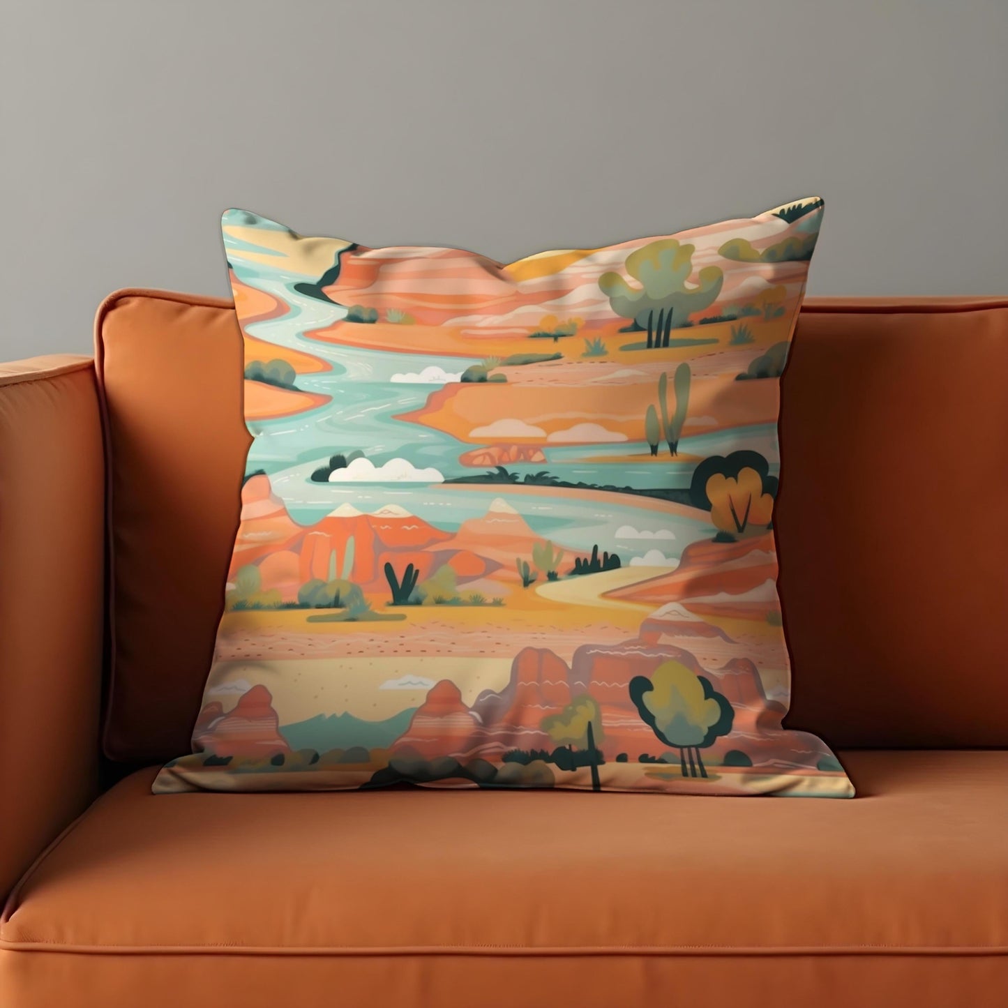 Desert Landscape Cushion Cover, Colorful Canyon River Pillow Case
