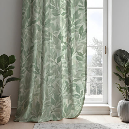 Green Botanical Leaf Curtains, Nature Inspired Custom Drapes