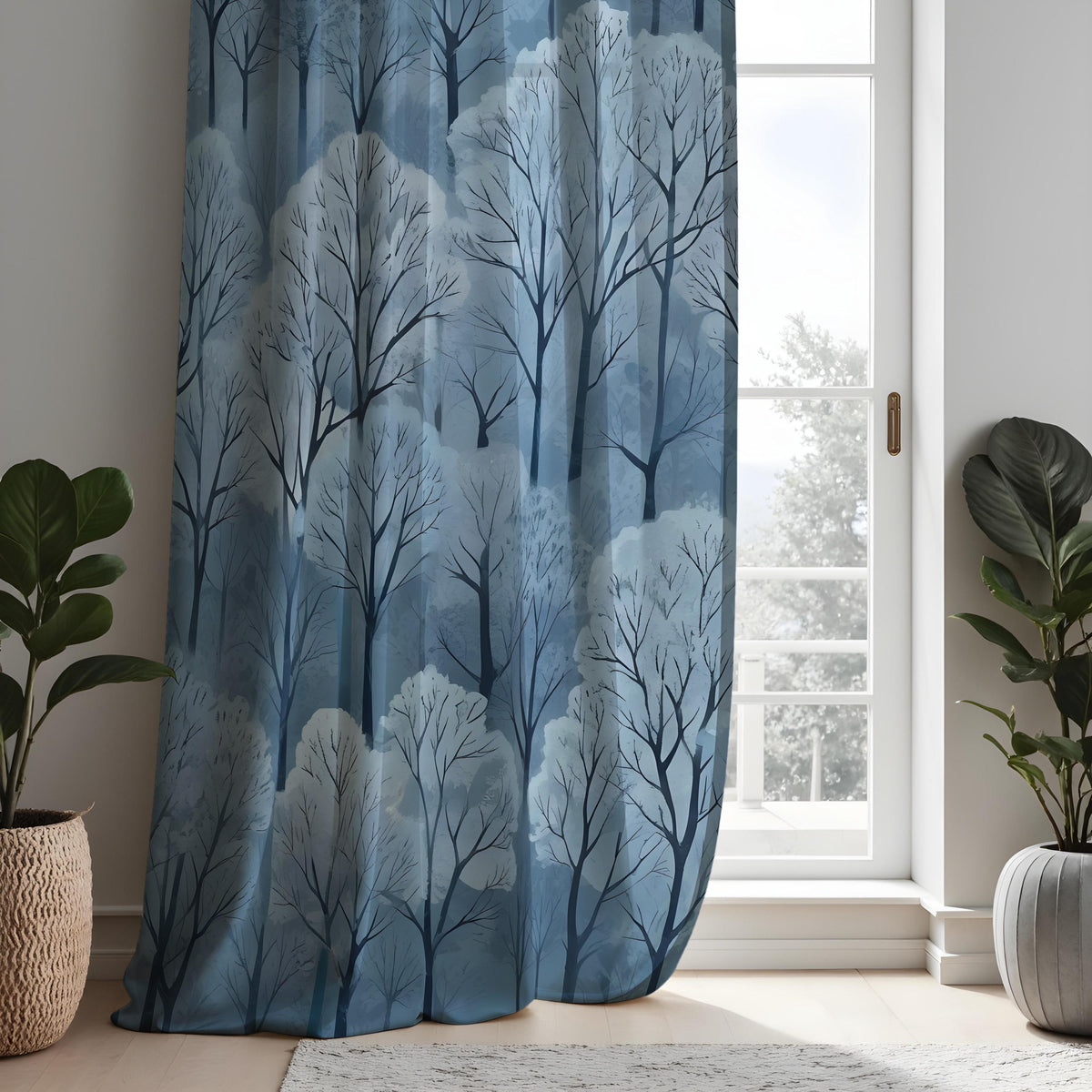 Blue Snowy Forest Curtains, Winter Woodland Tree Drapes
