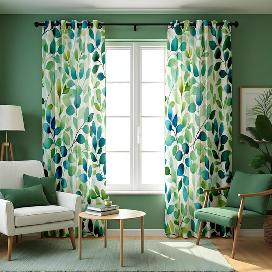 Blue & Green Watercolor Leaf Curtains, Tropical Drapes