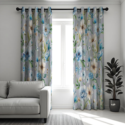 Blue Flower Curtains, Cottage Farmhouse Botanical Drapes