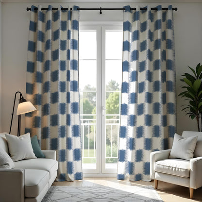 Blue Geometric Check Curtains, Modern Custom Window Drapes