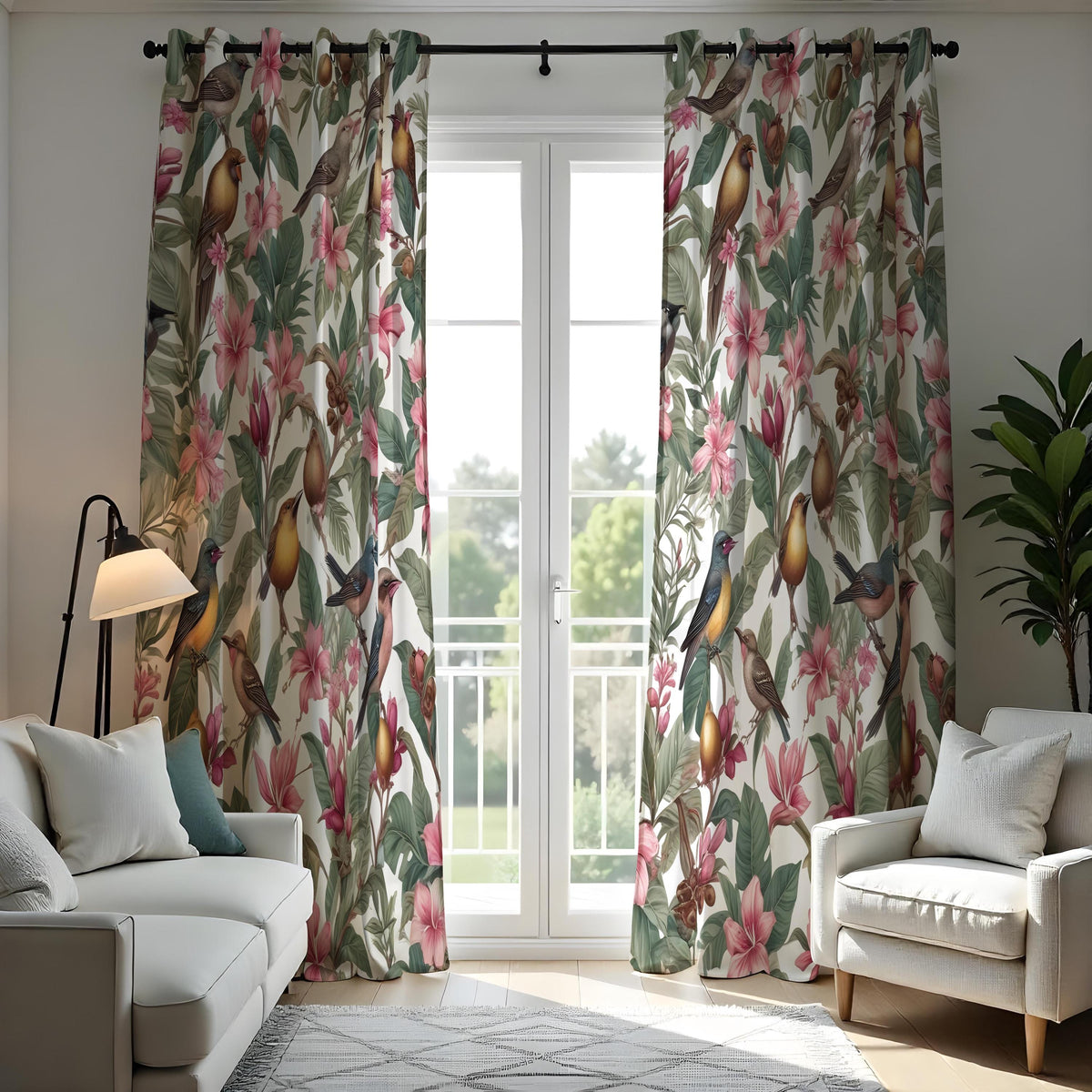 Tropical Bird & Flower Curtains, Vibrant Botanical Drapes