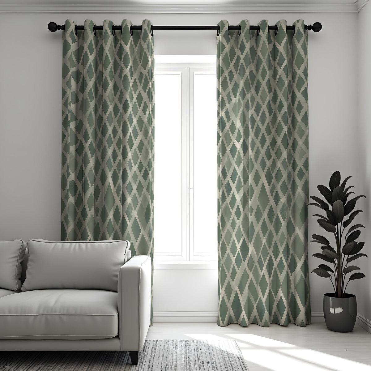 Sage Green Lattice Curtains, Geometric Neutral Drapes