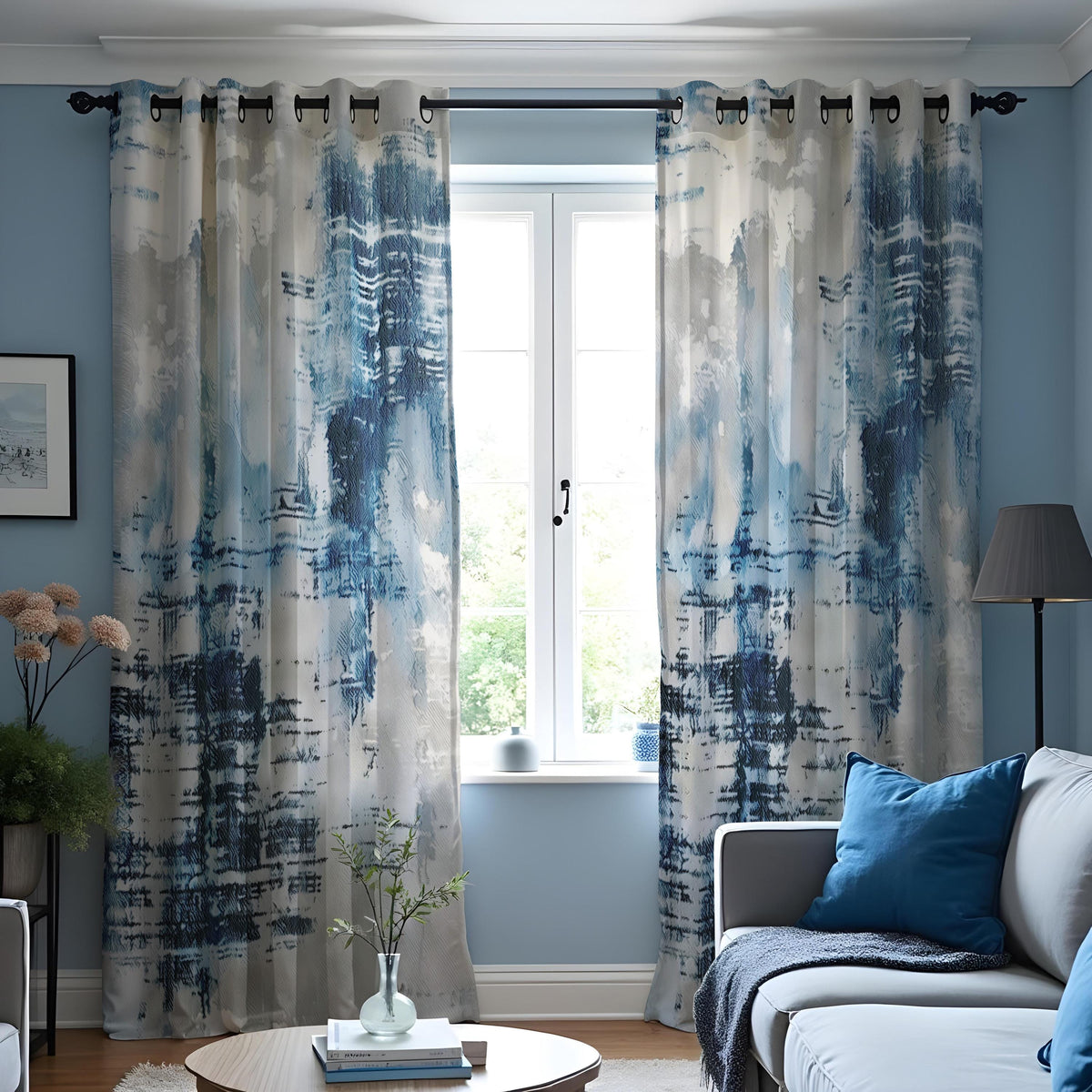 Blue Brushstroke Art Curtains, Contemporary Abstract Drapes