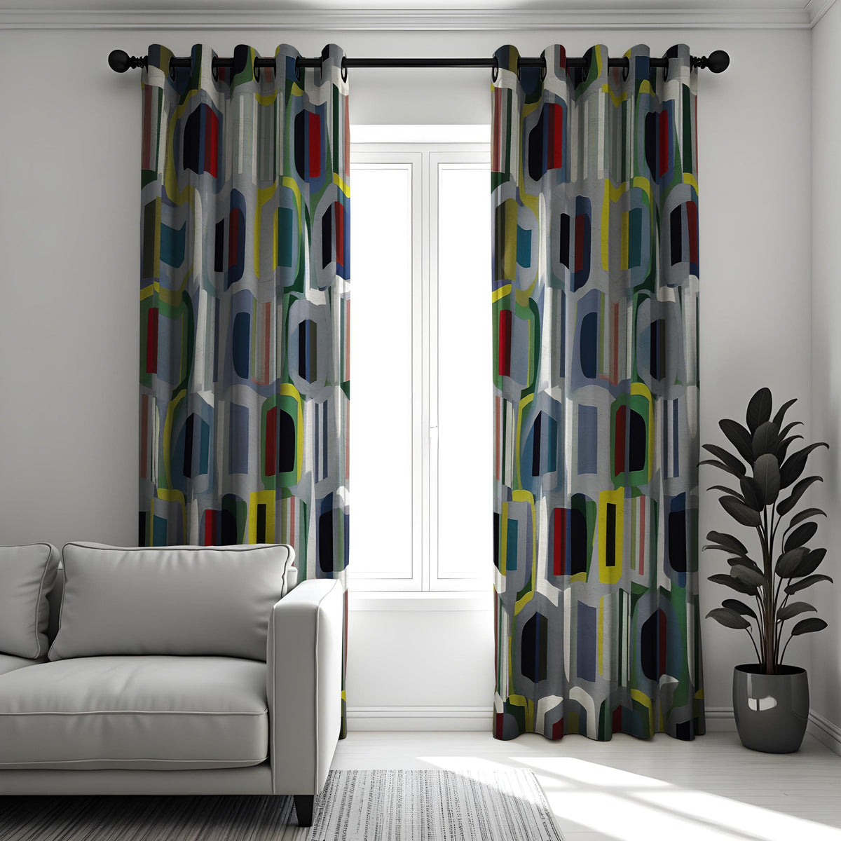 Mid Century Modern Geometric Curtains, Retro Window Drapes