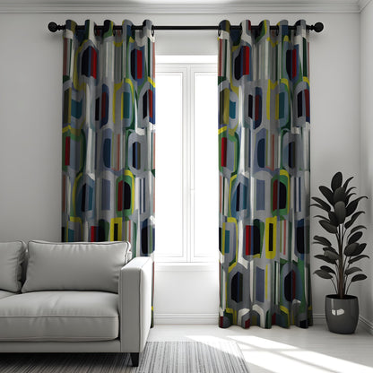 Mid Century Modern Geometric Curtains, Retro Window Drapes