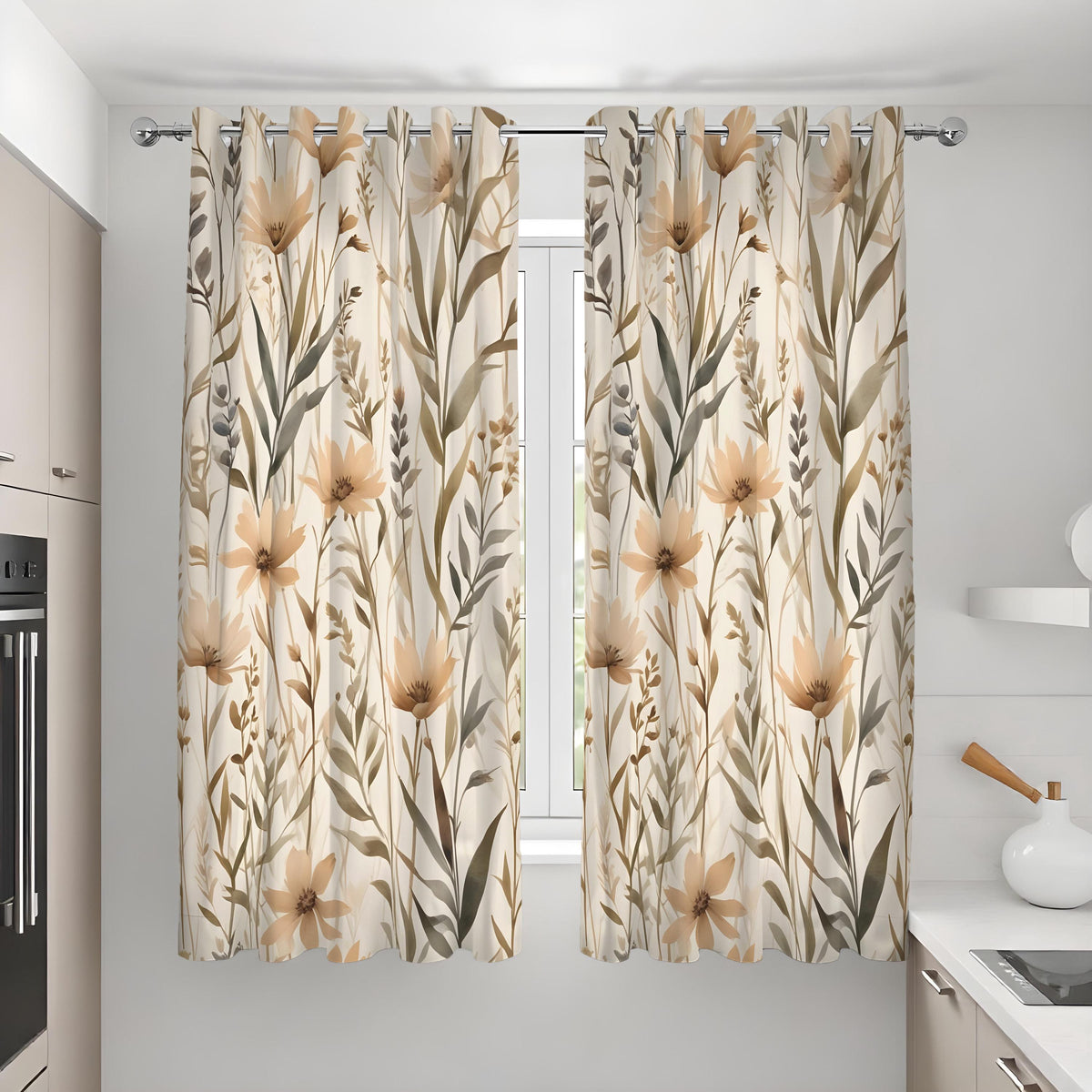 Beige Neutral Floral Curtains, Botanical Pattern Drapes