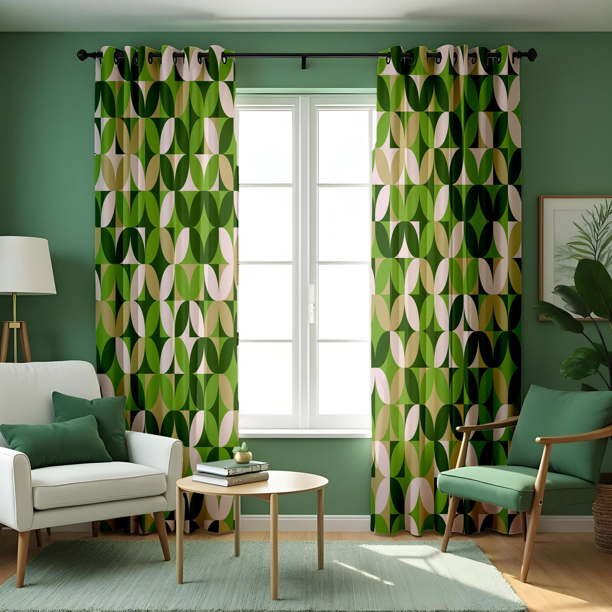 Green Retro Geometric Curtains, Mid Century Custom Drapes