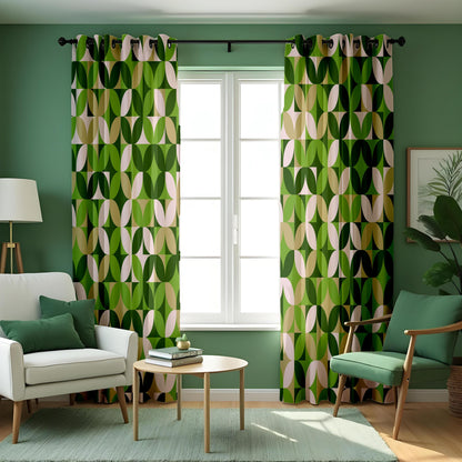 Green Retro Geometric Curtains, Mid Century Custom Drapes