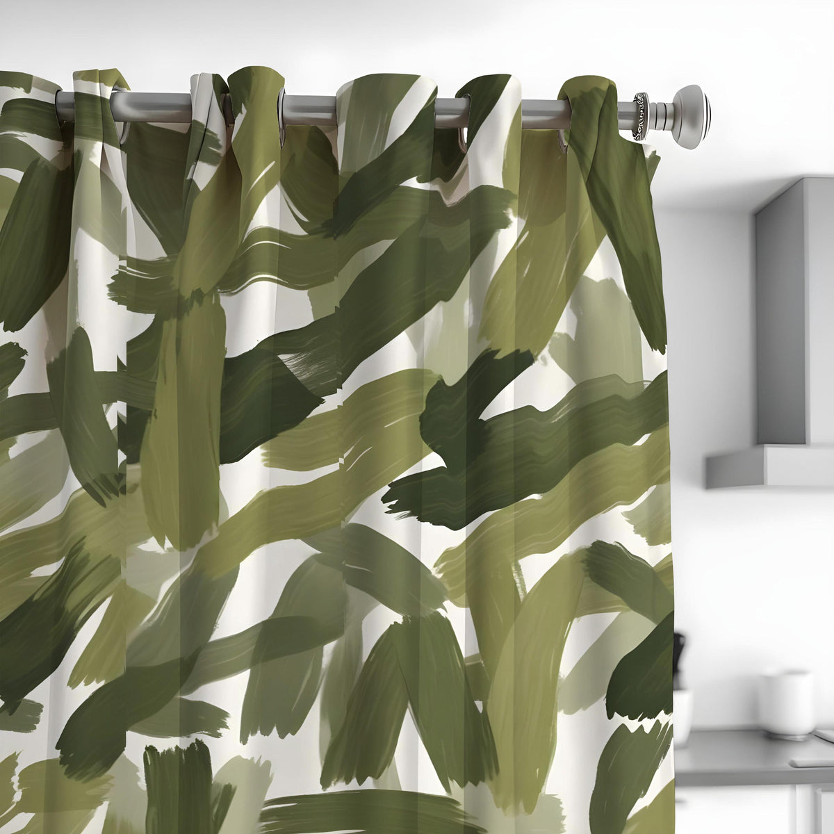 Green Abstract Brushstroke Curtains, Modern Artistic Drapes