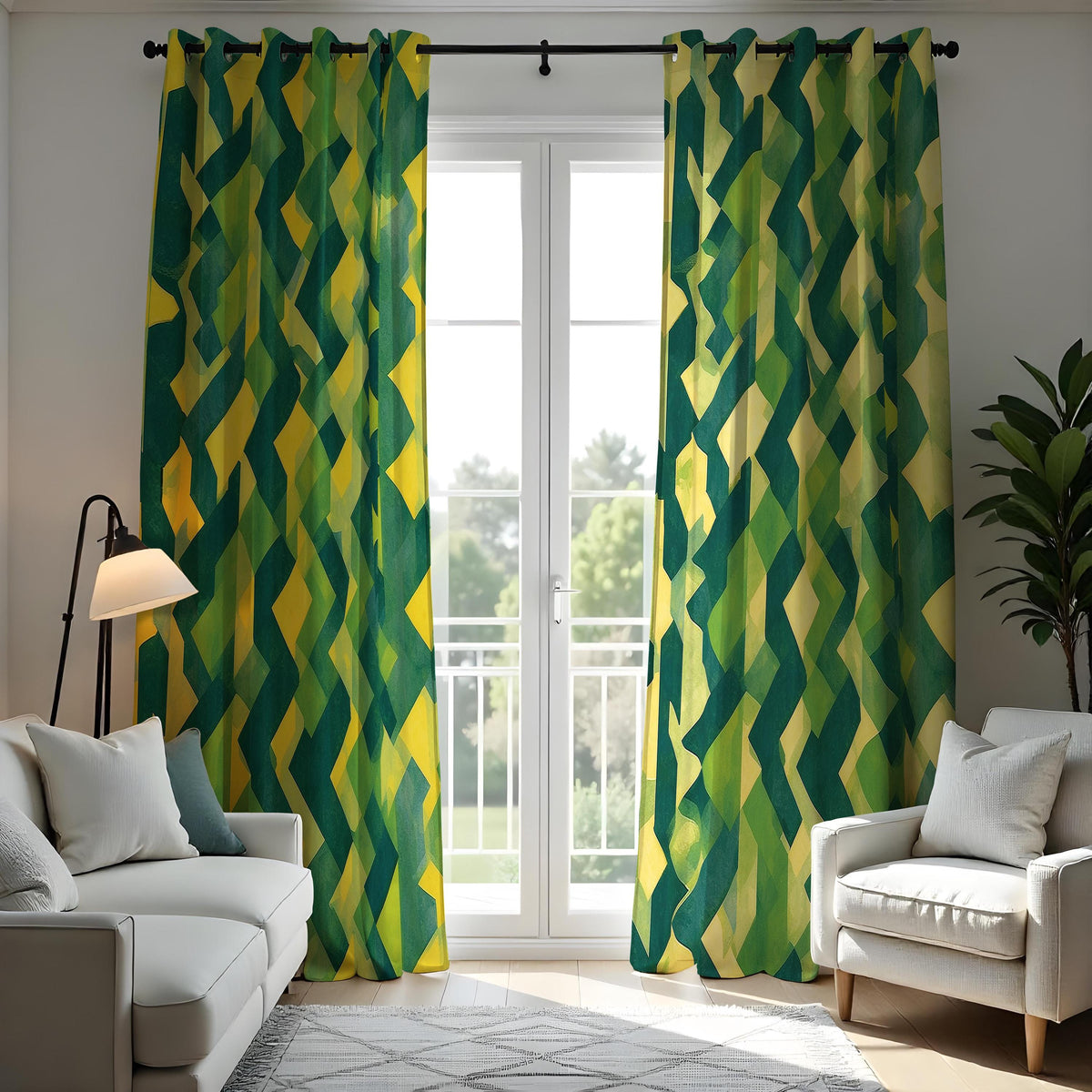 Yellow Green Geometric Curtains, Modern Abstract Drapes