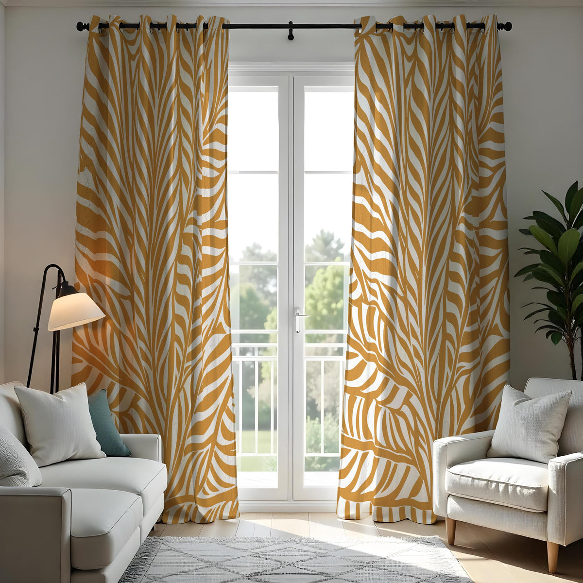 Mustard Yellow Botanical Leaf Curtains, Custom Window Drapes