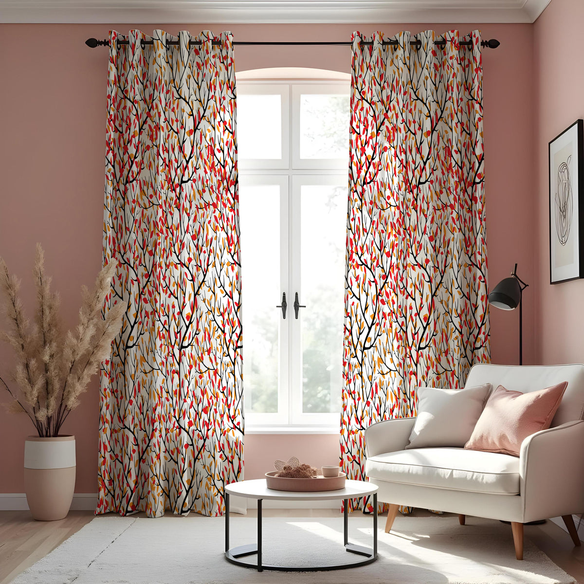 Red Orange Green Leaf Curtains, Colorful Botanical Drapes