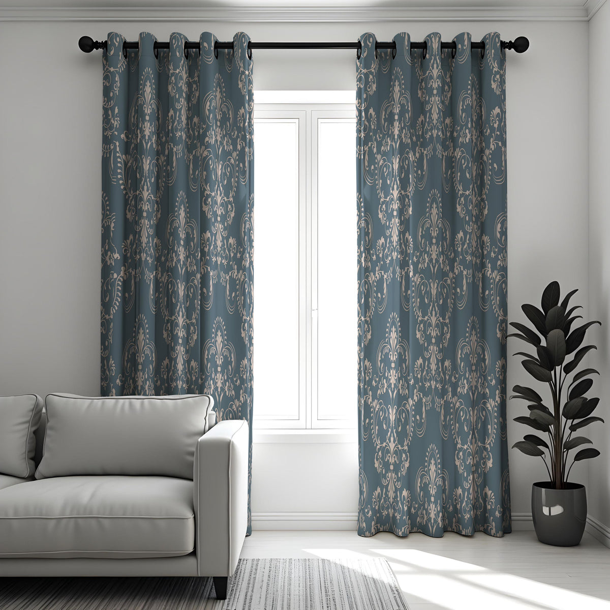 Blue Beige Damask Curtains, Farmhouse Custom Size Drapes