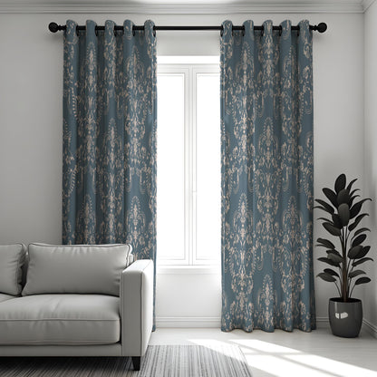 Blue Beige Damask Curtains, Farmhouse Custom Size Drapes