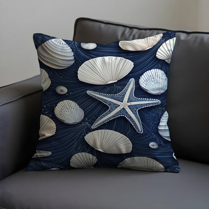 Nautical Seashell Starfish Cushion Cover, Coastal Beach Decor Pillow Case