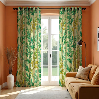 Green Botanical Leaf Curtains, Tropical Nature Drapes