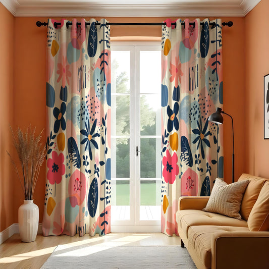 Playful Abstract Floral Curtains, Colorful Botanical Drapes