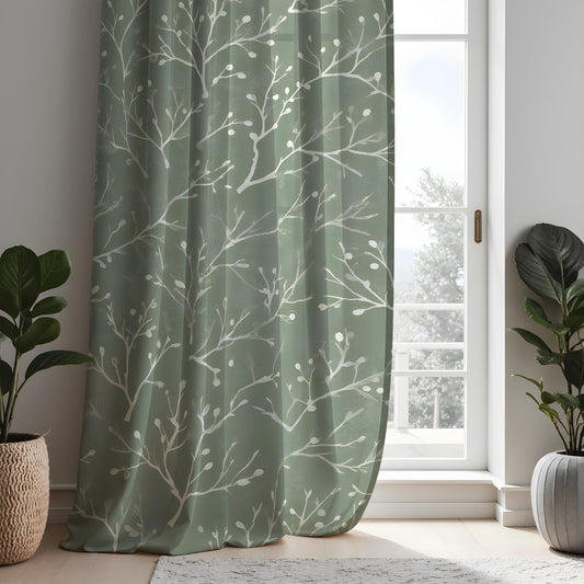 Green Minimalist Branch Curtains, Botanical Print Drapes