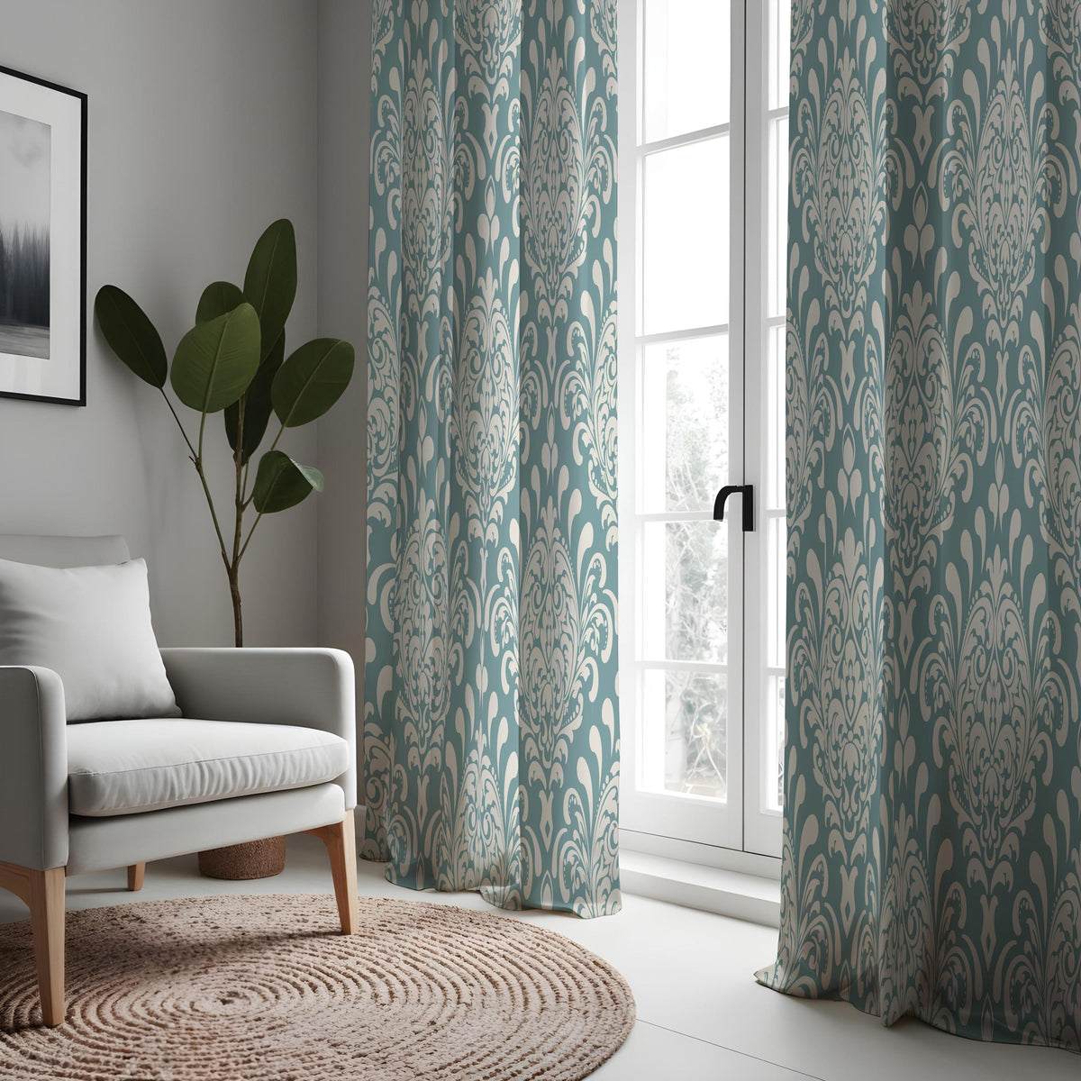 Teal Damask Curtains, Classic Pattern Custom Size Drapes