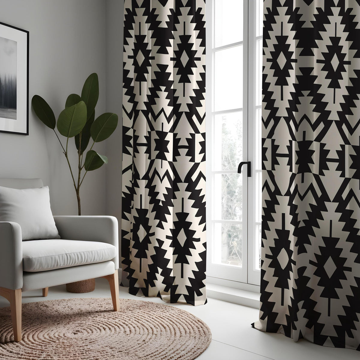 Black and White Aztec Curtains, Monochrome Geometric Drapes