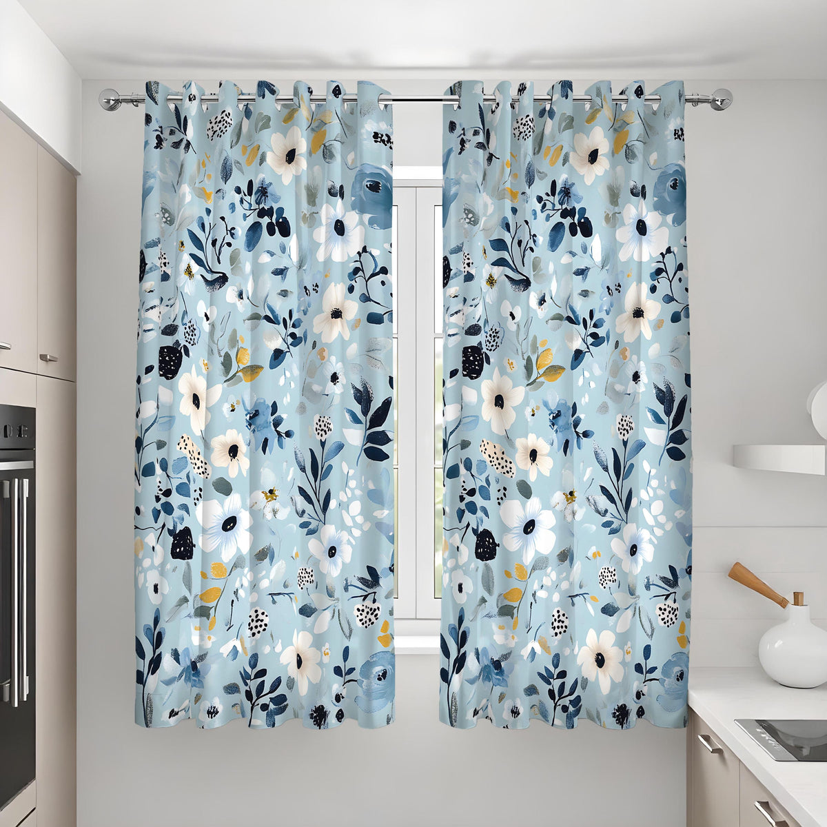 Light Blue Floral Curtains, Navy & White Botanical Drapes