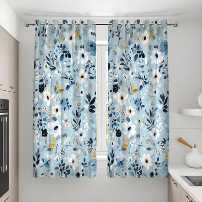 Light Blue Floral Curtains, Navy & White Botanical Drapes