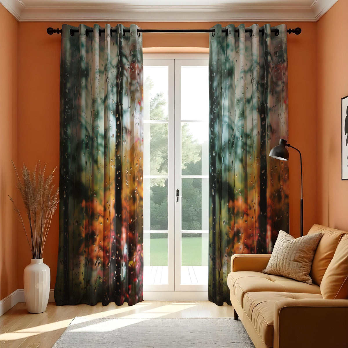 Rainy Window Autumn Forest Curtains, Nature Print Drapes