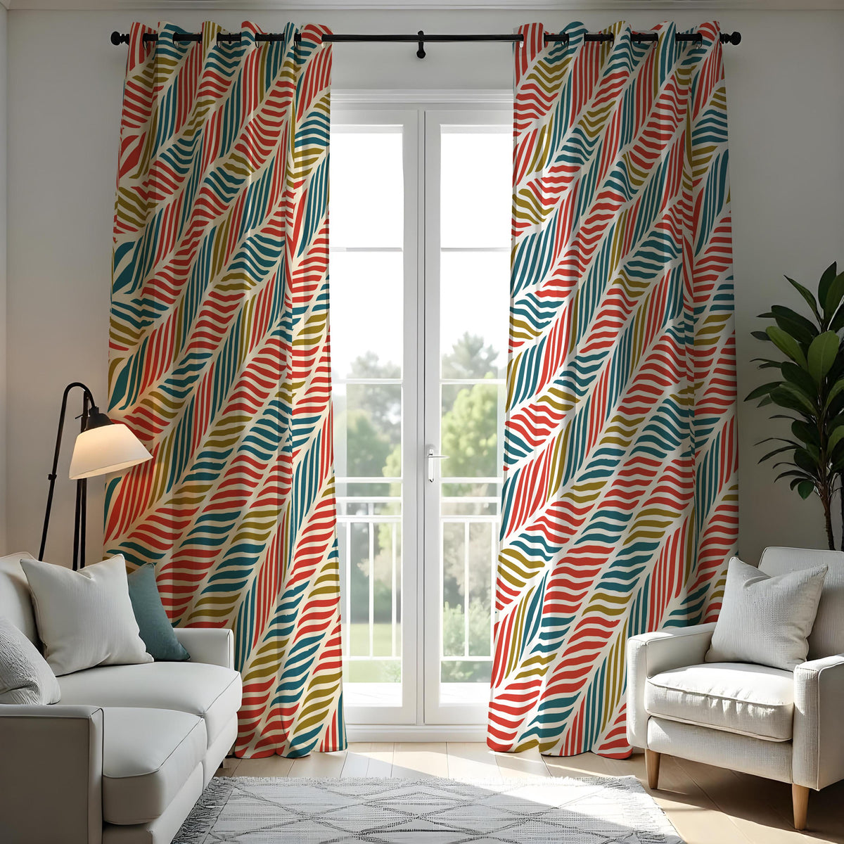 Orange Teal Mustard Wave Stripe Curtains, Retro Drapes