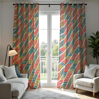Orange Teal Mustard Wave Stripe Curtains, Retro Drapes