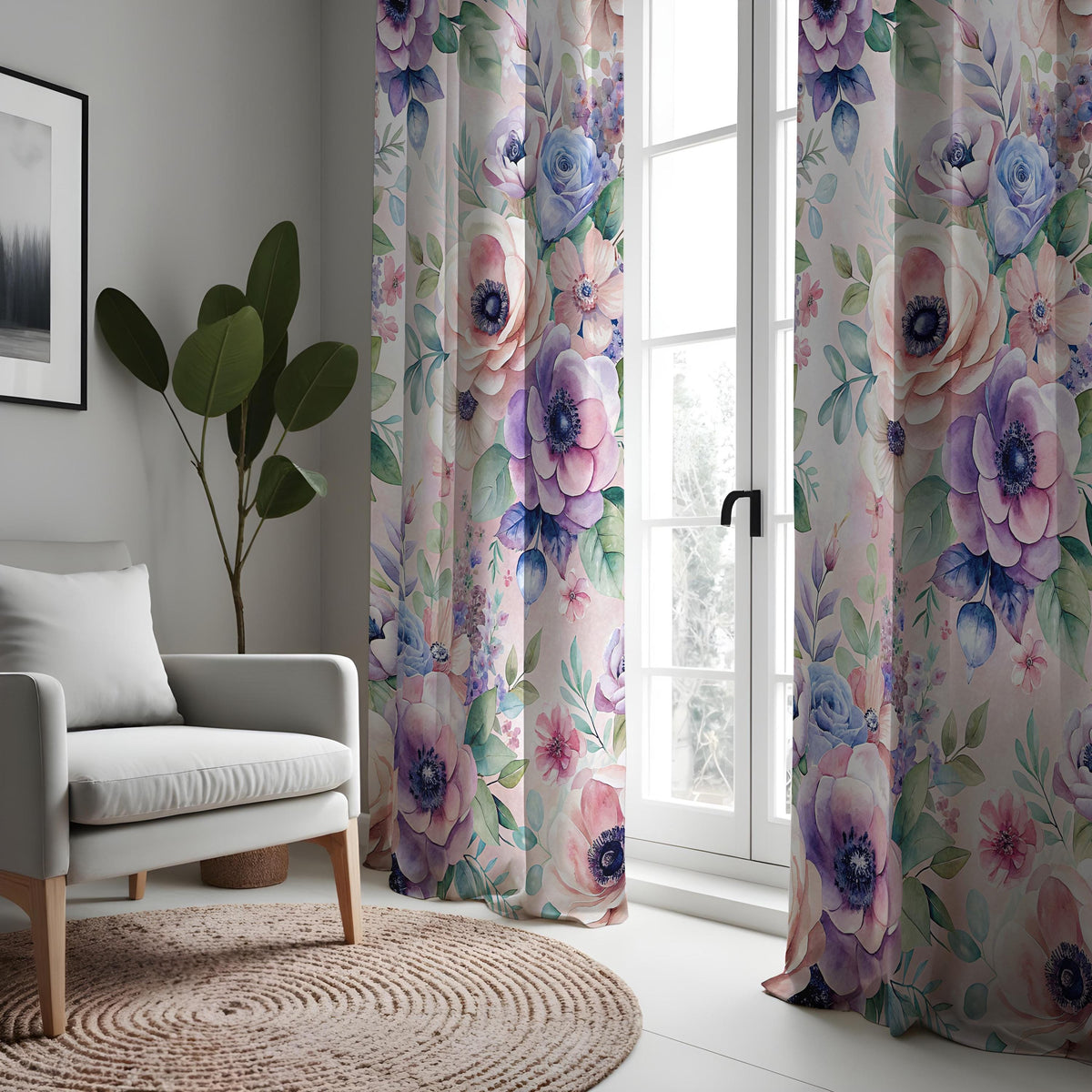 Purple & Blue Peony Curtains, Watercolor Floral Drapes