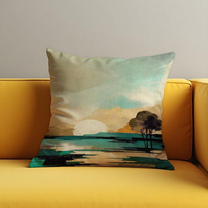 Minimalist Lake Sunset Pillow Cover, Tranquil Mountain Cushion Case