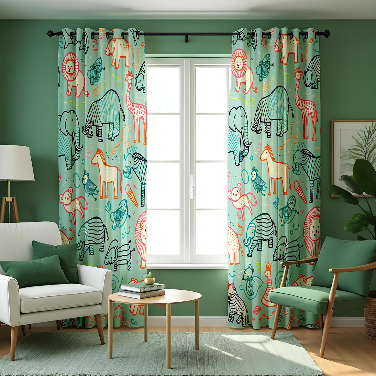 Colorful Safari Animal Kids Curtains, Jungle Nursery Drapes