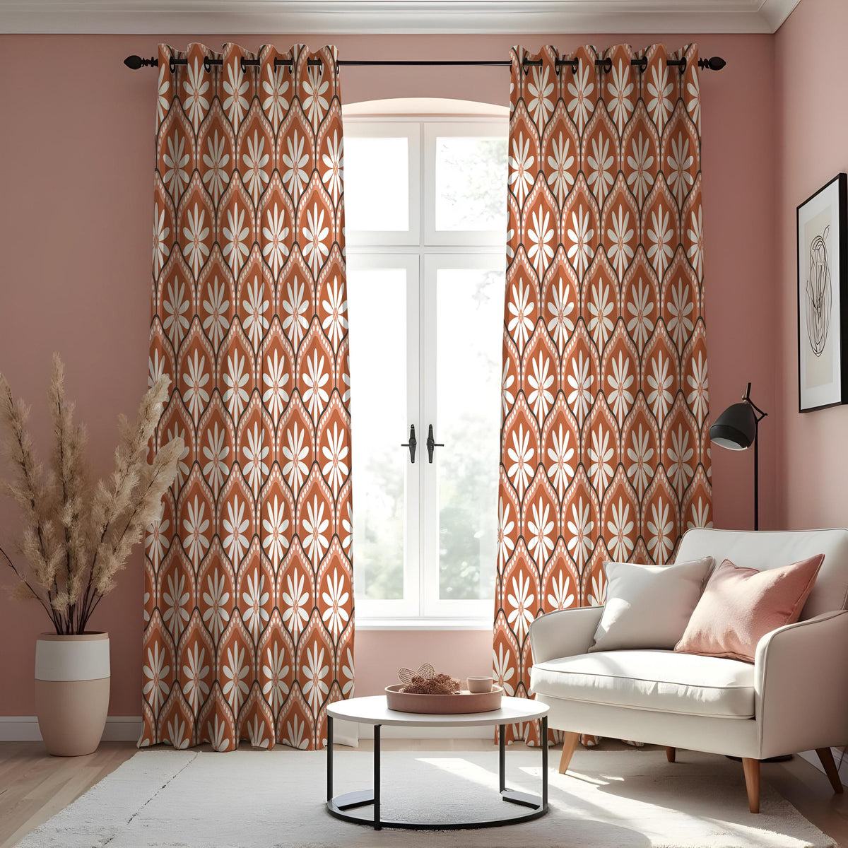 Retro Orange Daisy Curtains, Mid Century Geometric Drapes