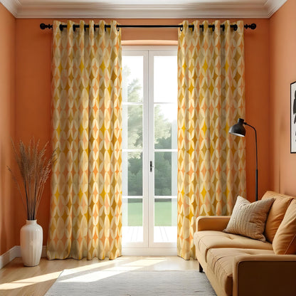 Orange Yellow Geometric Curtains, Mid Century Retro Drapes