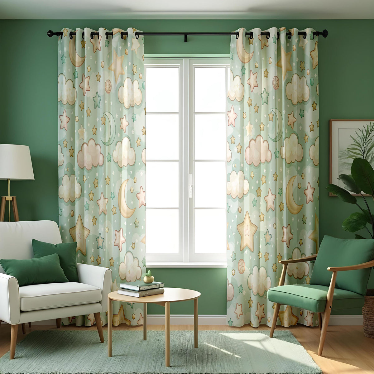 Moon and Stars Nursery Curtains, Cloud Print Kids Drapes