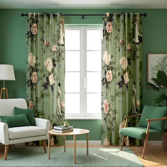 Green Oriental Floral Curtains, Vintage Chinese Garden Drapes
