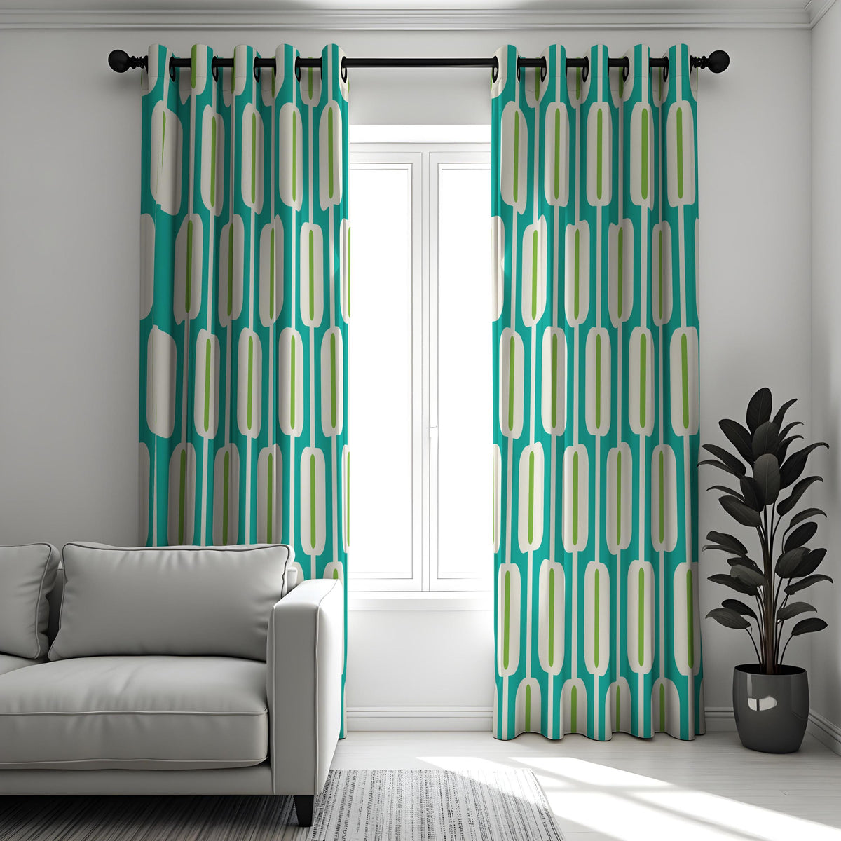 Teal & Lime Retro Geometric Curtains, Mid Century Drapes