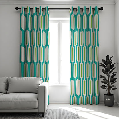 Teal & Lime Retro Geometric Curtains, Mid Century Drapes