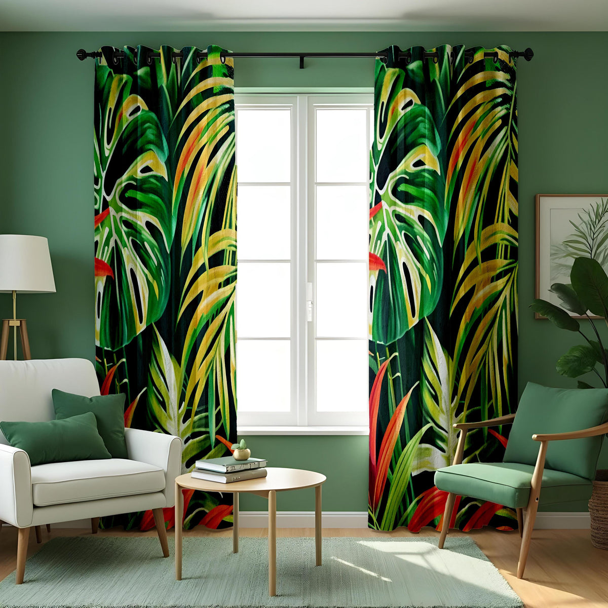 Tropical Monstera Palm Leaf Curtains, Jungle Print Drapes
